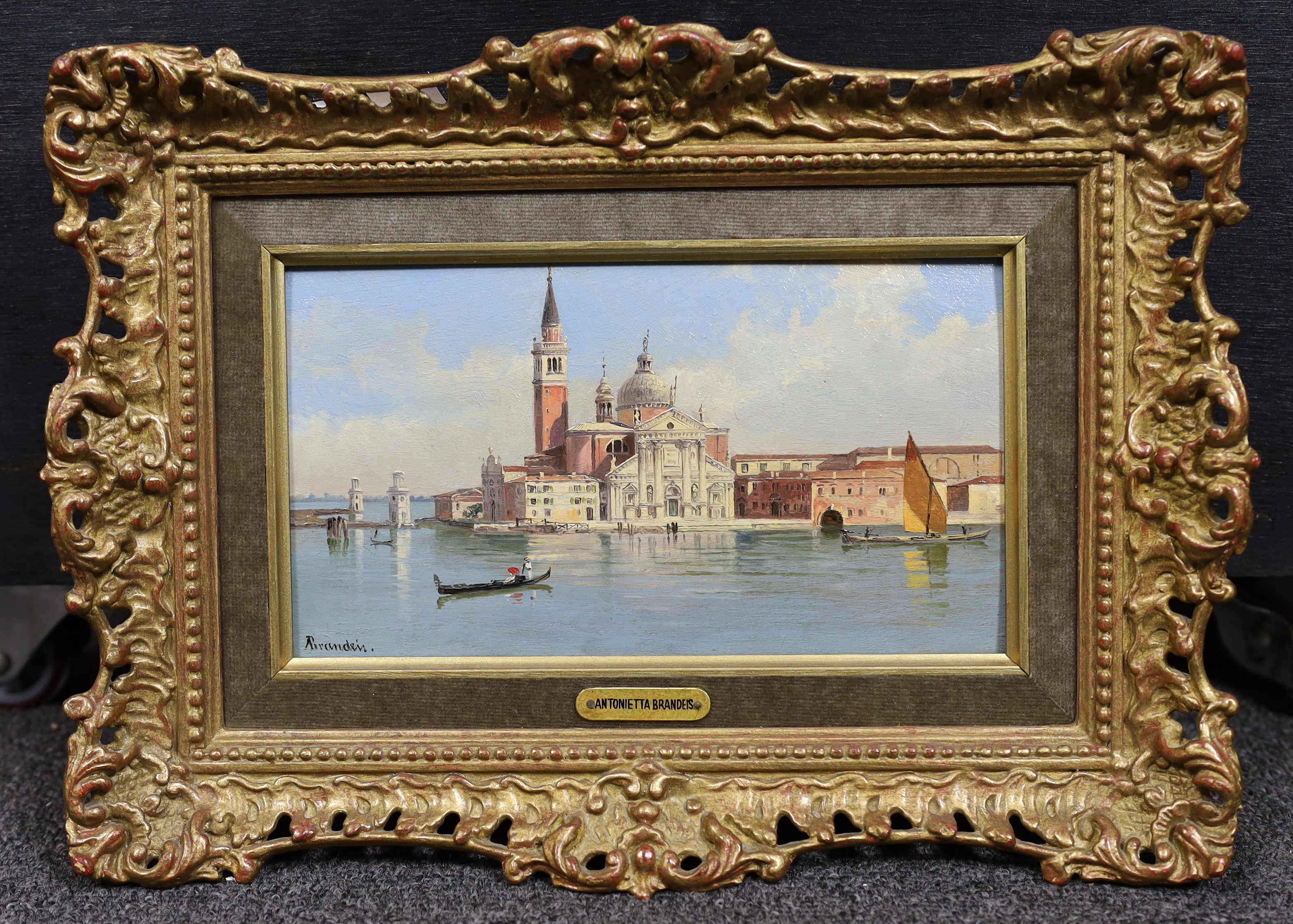 Antonietta Brandeis (Czech/Italian, 1849-1926), Isola and the church of San Giorgio Maggiore, Venice, oil on panel, 11.5 x 20.5cm, Please note this lot attracts an additional import tax of 5% on the hammer price